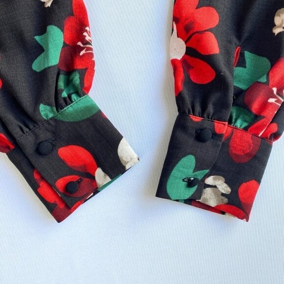 NWT U0 MICHELLE BLACK RED FLORAL LONG SLEEVE V-NECK BUTTON FRONT MINI DRESS - Picture 10 of 12